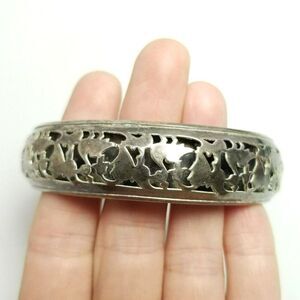 Vintage Silver Tone Bangle Bracelet, Cut Out Design, McCrory Signed, 1993, India